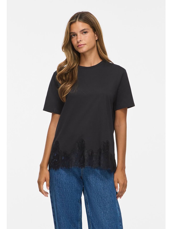 Einfarbige Bluse Rundhals Kurzarm Minimal in Schwarz