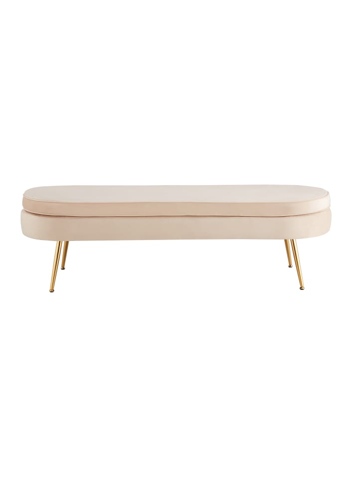 Polsterhocker oval lang mit Chromfüßen in Goldoptik und Samtbezug in Beige