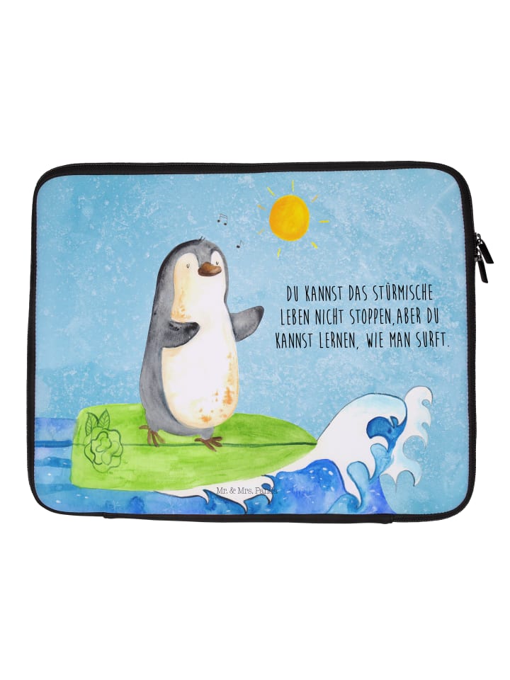 Laptop Tasche Pinguin Surfer mit Spruch in Eisblau