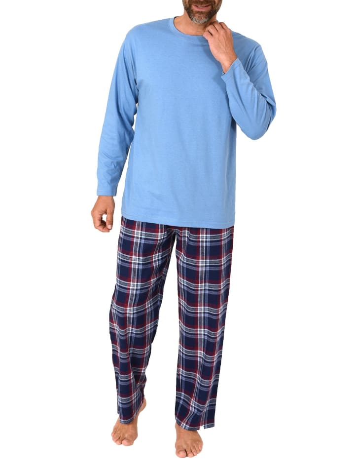 Schlafanzug lang Pyjama FlanellHose Karo - 88238 in hellblau