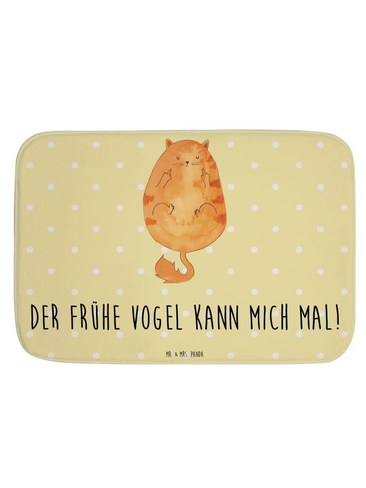 Badeteppich Katze Frühaufsteher mit Spruch in Gelb Pastell