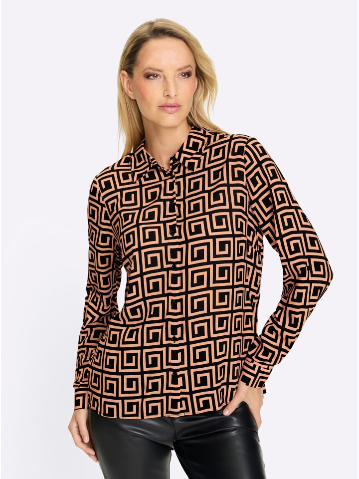 Druckbluse in camel-schwarz-bedruckt