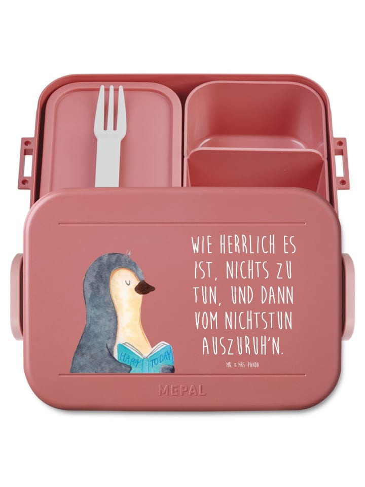 Bentobox Pinguin Buch Motiv mit Spruch in Rot Pastell