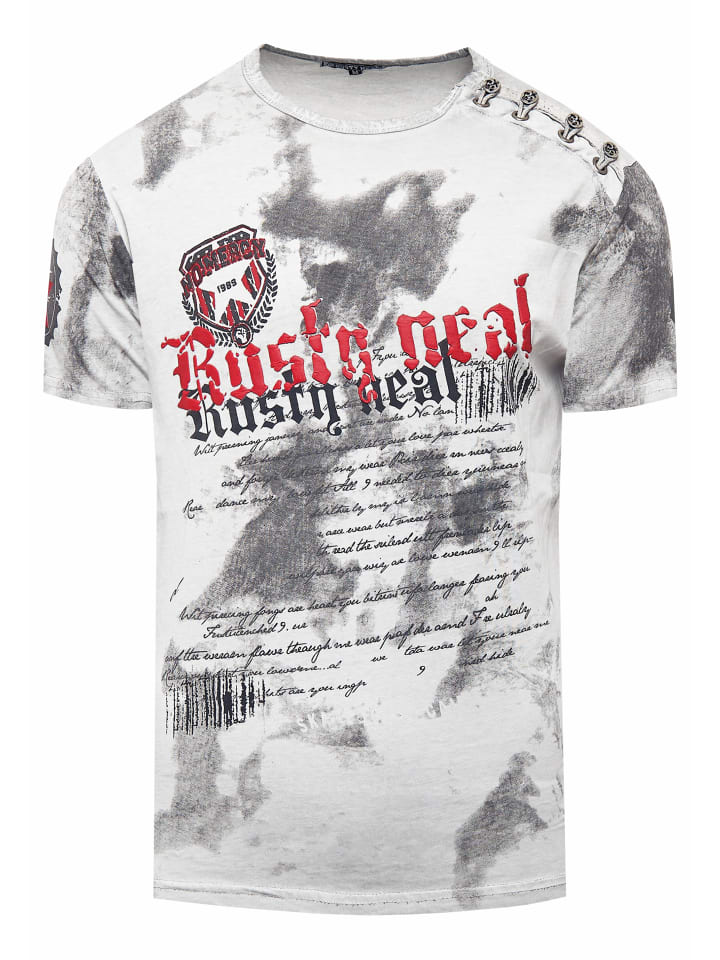 T-Shirt Verwaschen mit Logo Print und Knopfleiste in Grau