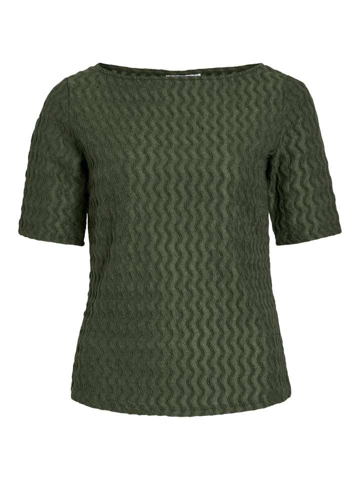 Design T-Shirt mit Struktur Wellenmuster Halbarm Rundhals in Dunkelgrün
