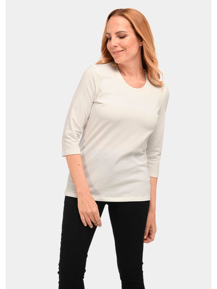 Kurzgröße: Baumwollshirt mit Schmucksteinen in cremeweiß