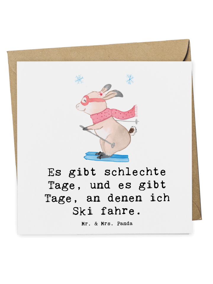 Grußkarte Hase Skifahren mit Spruch in Weiß