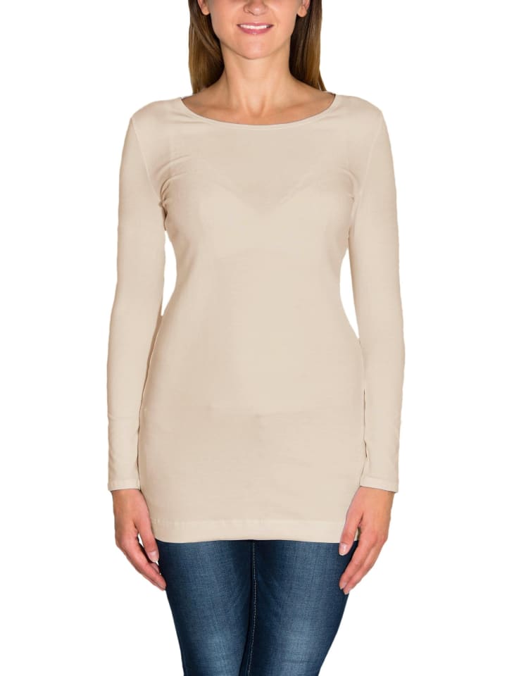 Alkato Damen Langarm Longshirt Langarmshirt in beige/weiß
