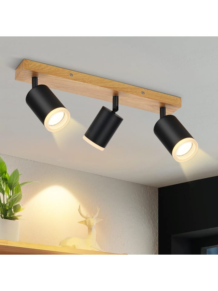 Deckenleuchte in schwarz 3-flammige GU10 Holz Vintage schwenkbar Deckenspots