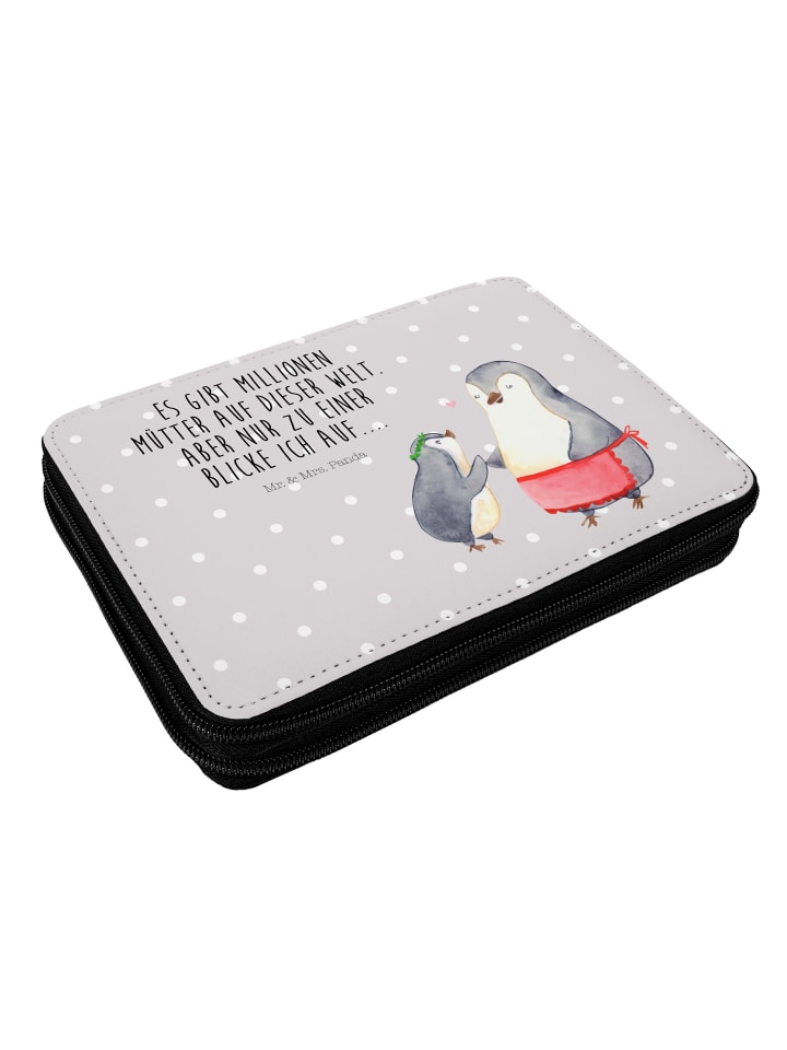 Federmappe Pinguin mit Kind mit Spruch in Grau Pastell