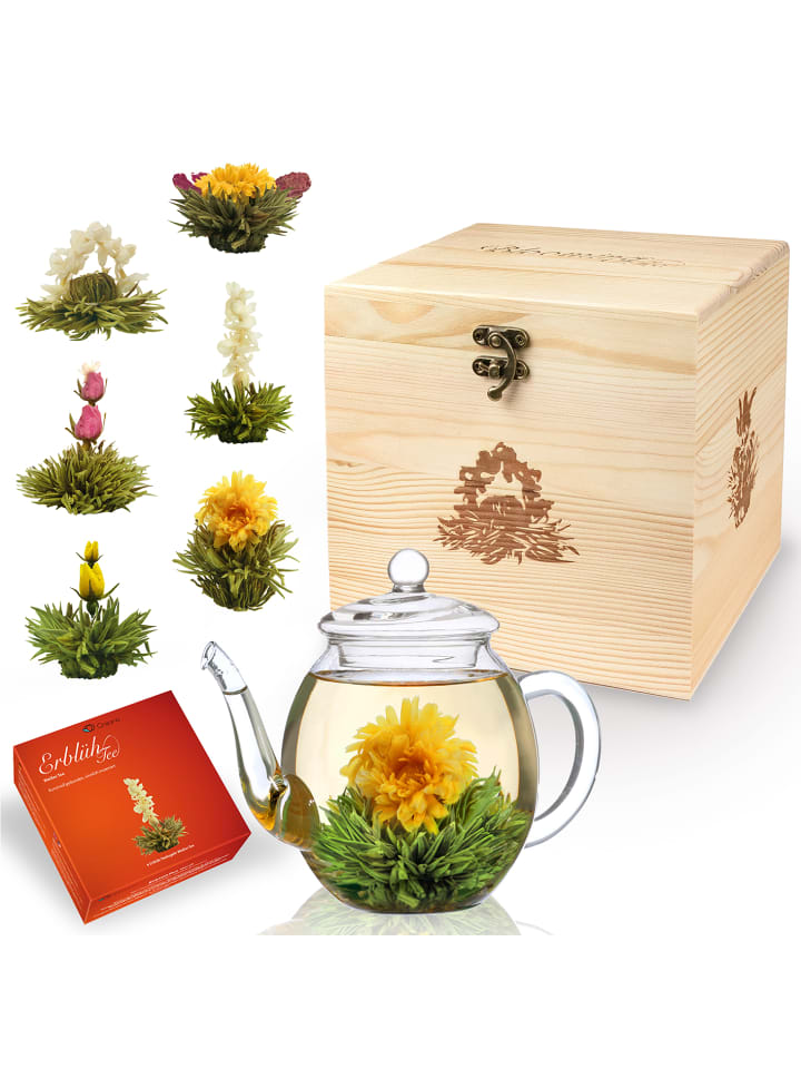 8tlg. Set: Holz-Deko-Box + 6x ErblühTee: Weißer Tee + Teekanne 500ml