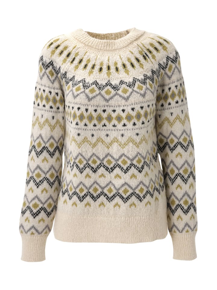 Strickpullover in wollweiß-moosgrün-schwarz-grau