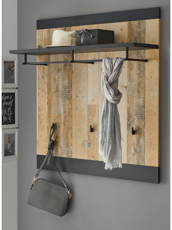 Garderobenpaneel Used Wood hell, anthrazit, Wandgarderobe 92 x 100 cm