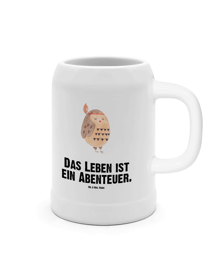 Tonkrug Eule Federschmuck mit Spruch in Weiß