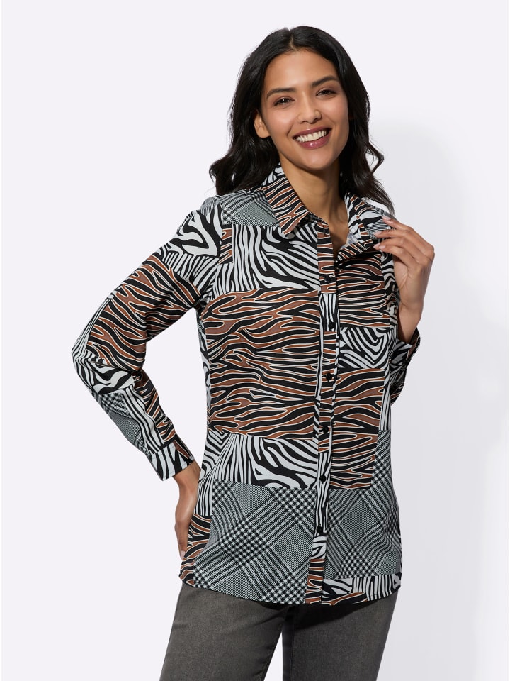 Langarm-Bluse in schwarz-cognac-bedruckt