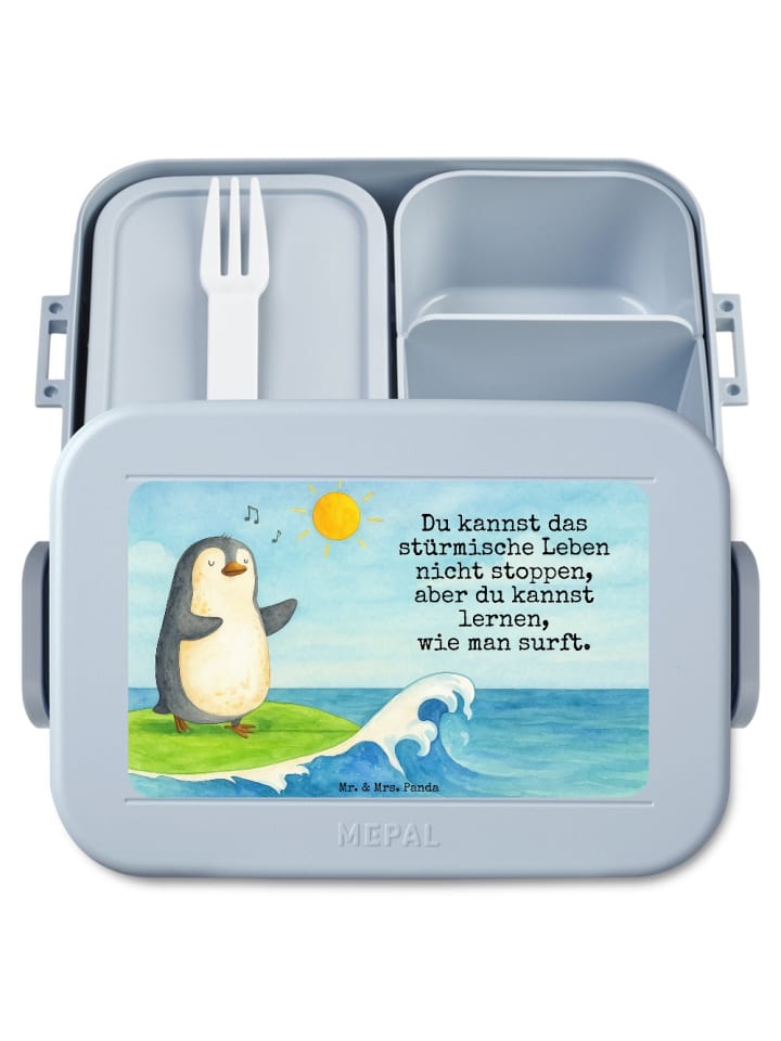 Brotdose Pinguin Surfer Design mit Spruch in Blau Pastell