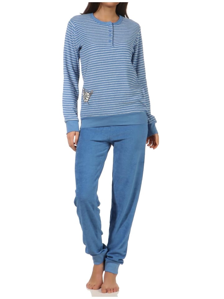 Frottee Pyjama Schlafanzug Bündchen und Tier Applikation - 51755 in hellblau