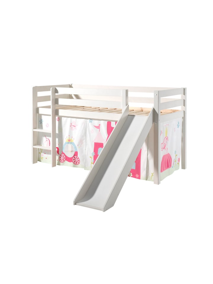 KINDERBETT mit Rutsche Karolina Massivholz Weiß Textilset Princess 1
