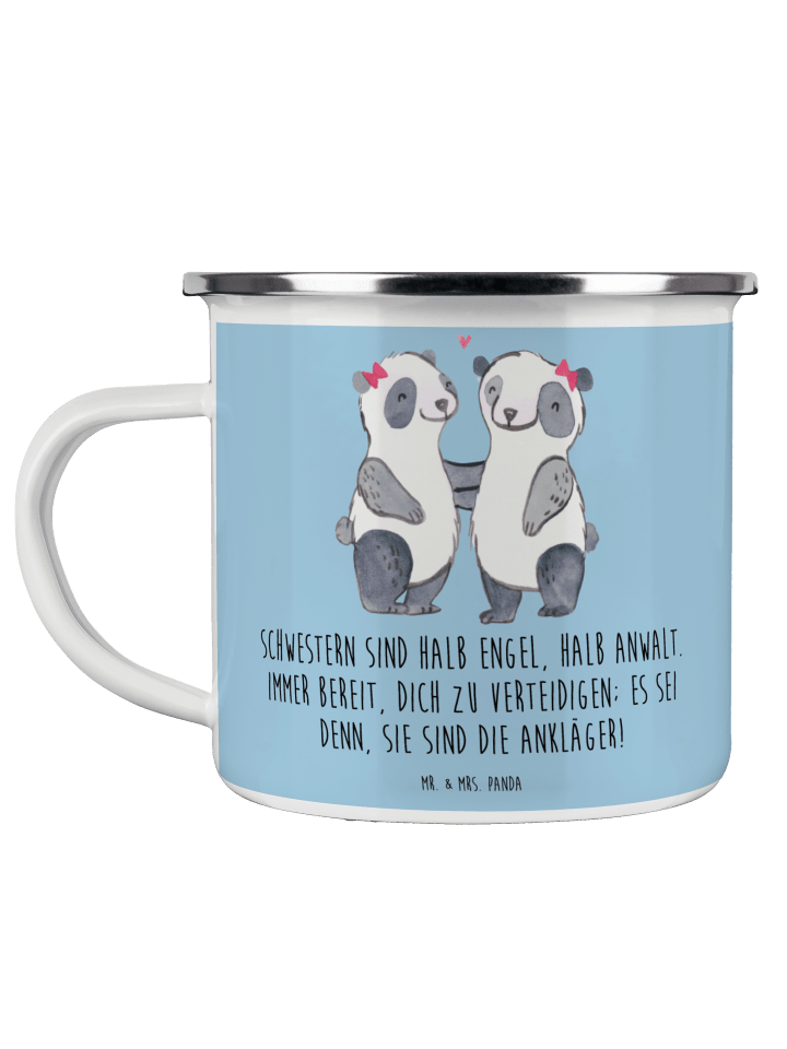 Camping Emaille Tasse Schwesternwunder mit Spruch in Blau Pastell