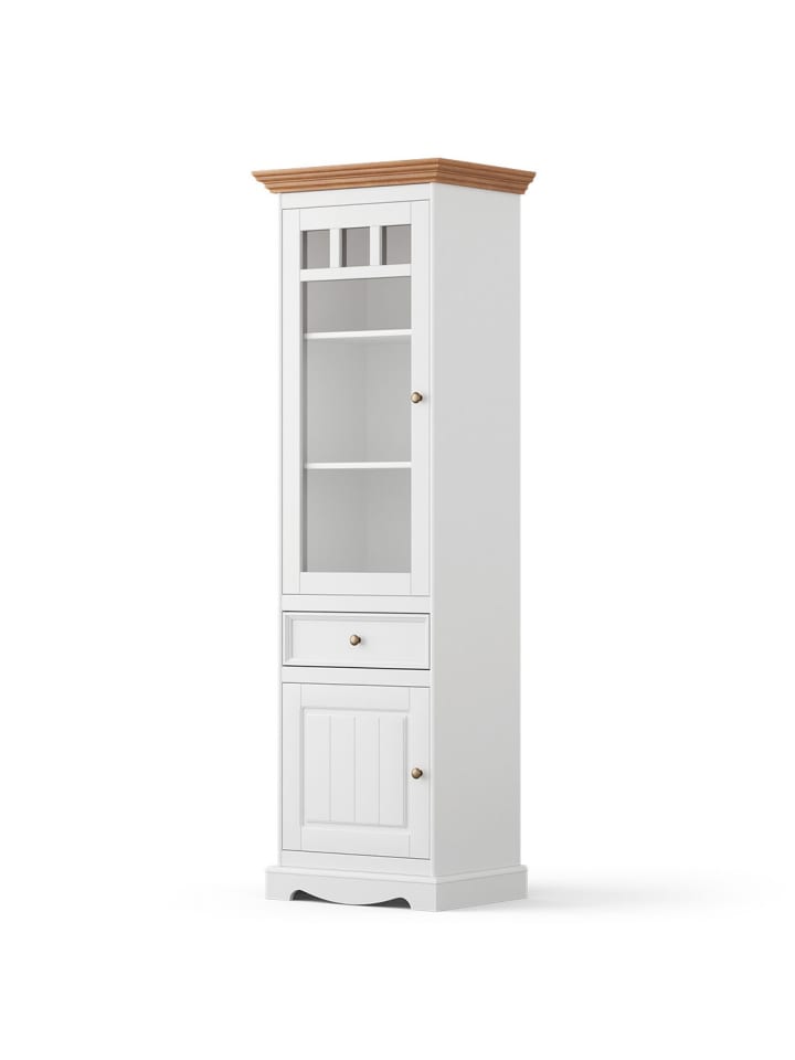 Vitrine Belluno Elegante weiß lackiert / Kiefer gebeizt Eiche 59,5 / 44 / 190cm