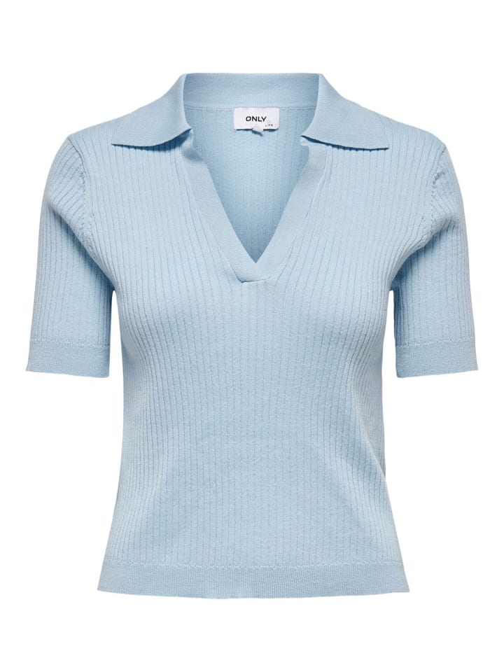 Geripptes Poloshirt Einfarbiges Kurzarm T-Shirt V-Ausschnitt ONLNIMONE in Blau