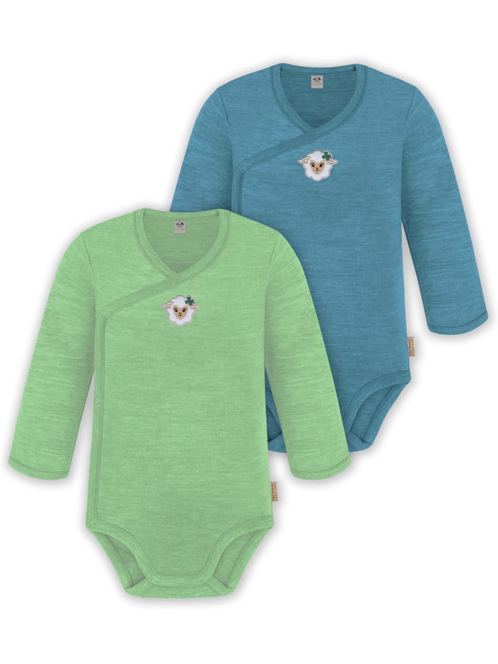 2er Set Unisex Baby Wickelbody Langarm-Strampler in Grün/Blau