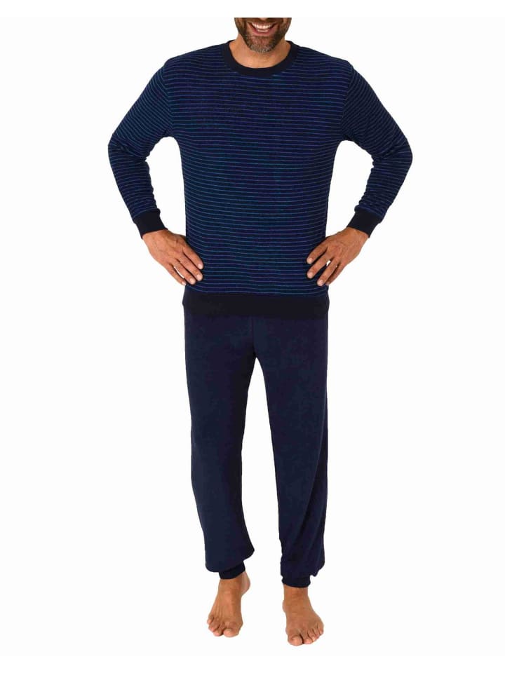 langarm Frottee Pyjama Schlafanzug Bündchen - 70650 in blau