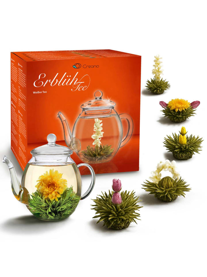 2-tlg. Set: 6x "ErblühTee" Weiß mit Glaskanne 500ml