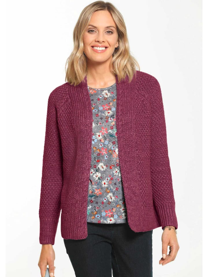 Elegante Grobstrickjacke, Zopfmuster in winterrot / melange