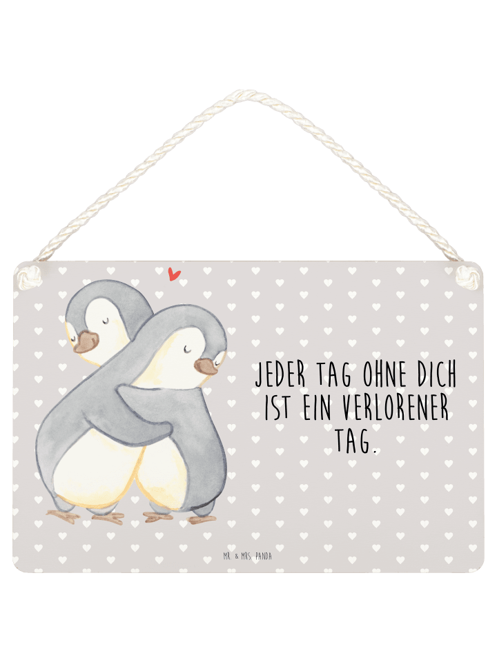 Deko Schild Pinguine Kuscheln mit Spruch in Grau Pastell