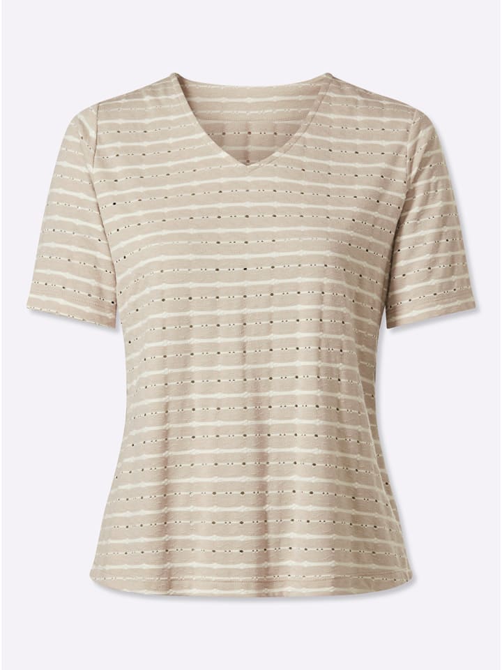V-Shirt in ecru-sand-gemustert