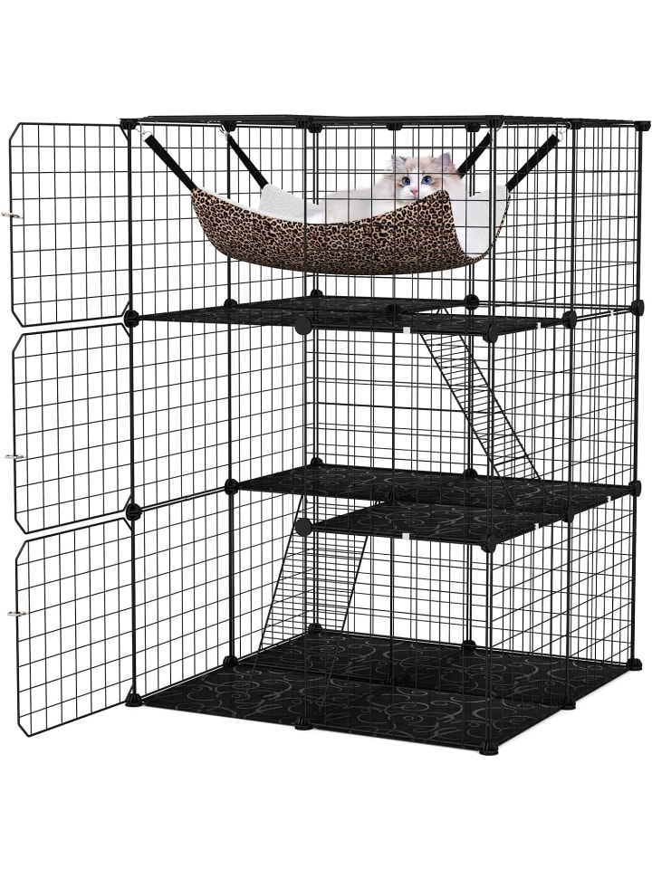 Katzenkäfig 3-stöckig 74 x 74 x 107 cm in Schwarz