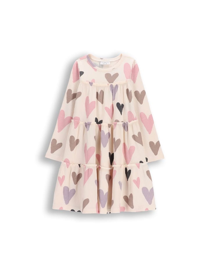 Geripptes Kleid mit langen Ärmeln in ecru