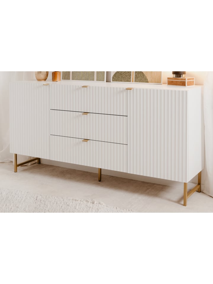 Sideboard weiß, Gold 179 cm, Kommode mit Soft-Close und 3D-Struktur
