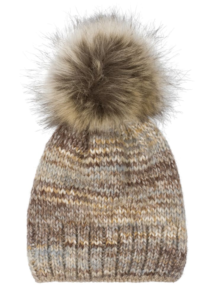 Strick Bommelmütze in Braun-Beige-Grau