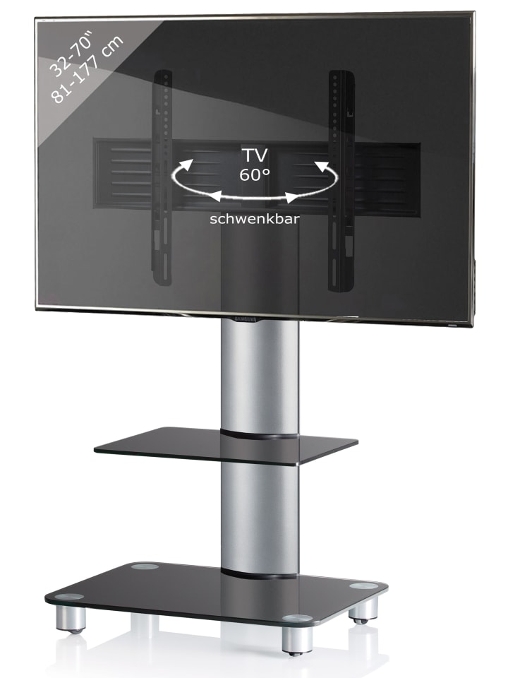 TV Standfuß Ständer Rack Alu Glas Rollen Tosal ZW in Schwarzglas