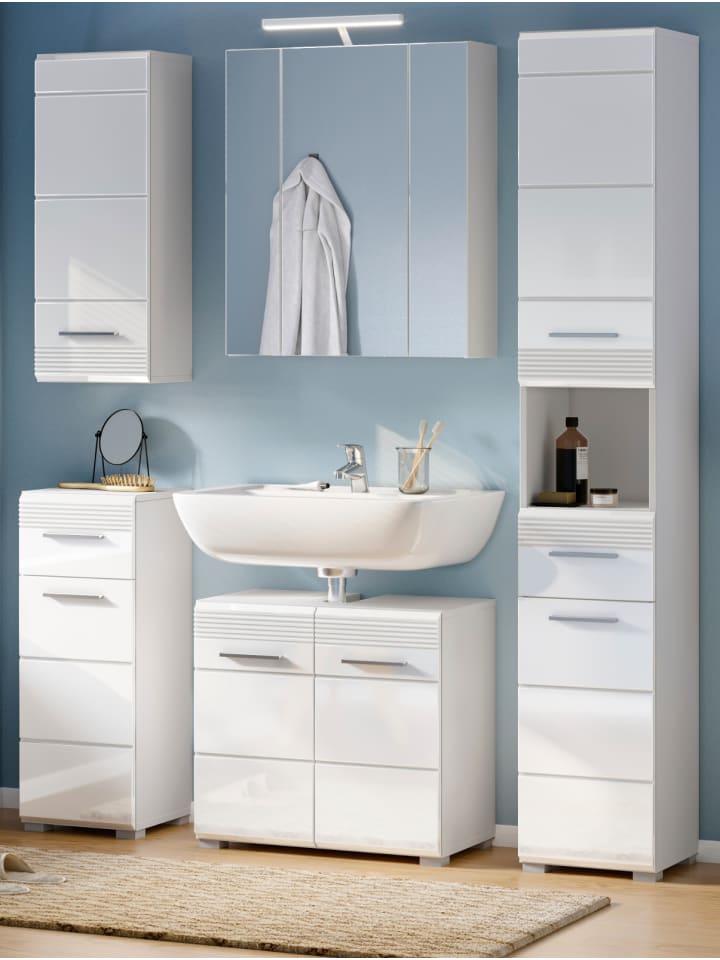 Badmöbel-Set weiß Hochglanz 5-teilig 150 cm, Badkombination mit Spiegelschrank