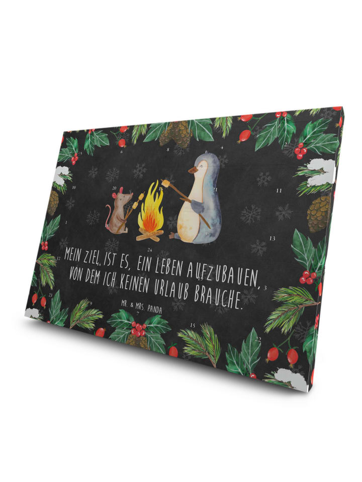 Adventskalender Pinguin Lagerfeuer mit Spruch in Kreidetafel