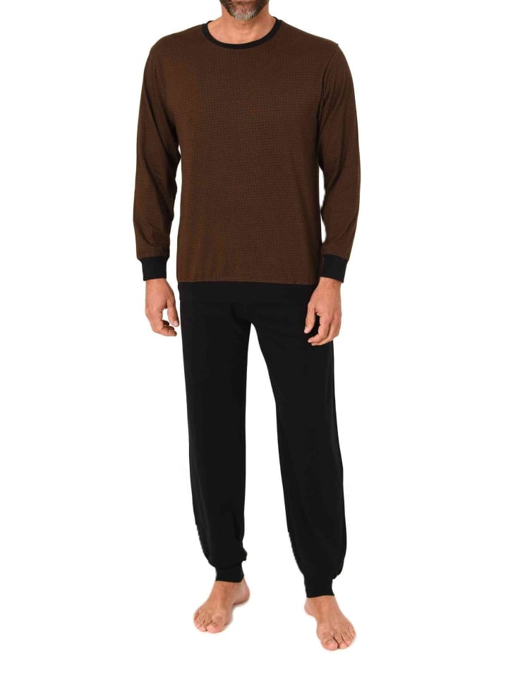 Langarm Schlafanzug Pyjama Bündchen Minimalprint in braun