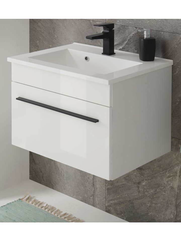 Waschbeckenunterschrank mit Waschbecken weiß Hochglanz, Waschtisch Set hängend