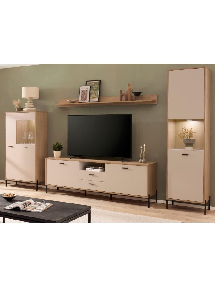 Wohnwand in kaschmir und Eiche 349 cm 4-teilig, Wohnkombination mit Soft-Close
