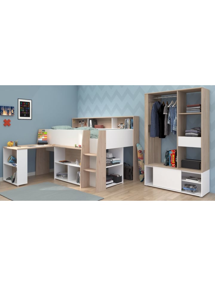 Jugendzimmer weiß, Eiche, Komplett-Set 2-teilig mit viel Stauraum