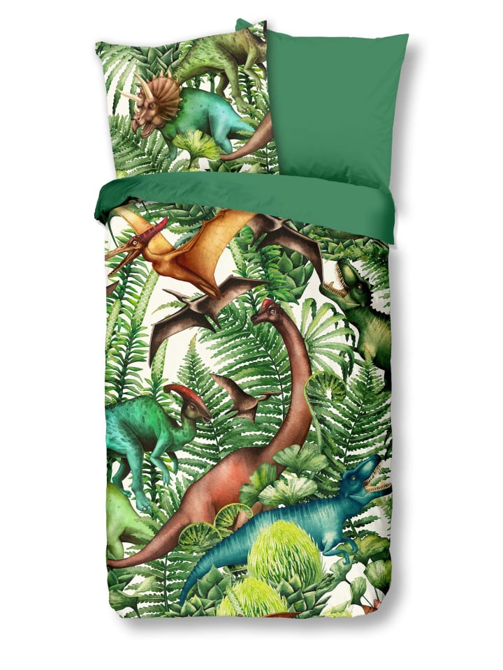 2 tlg. Renforcé Bettwäsche 135x200cm Dinosaurier Urwald in Grün