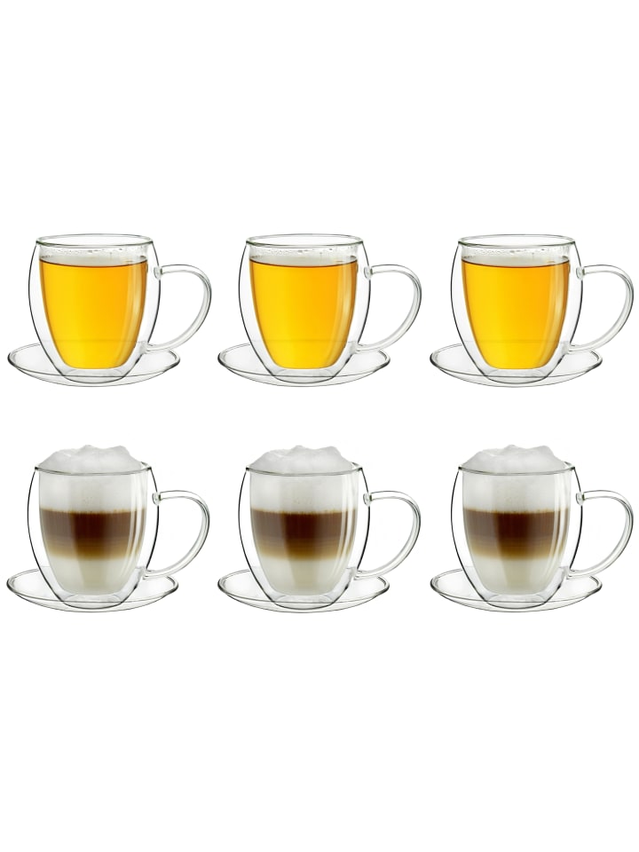 6er Set Thermo-Tasse "Doppelwandtasse" mit Untersetzer - 250ml Glas
