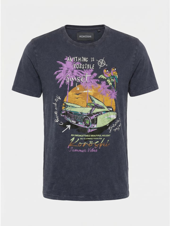 Crew cotton print-emb washed t-shirt in blau