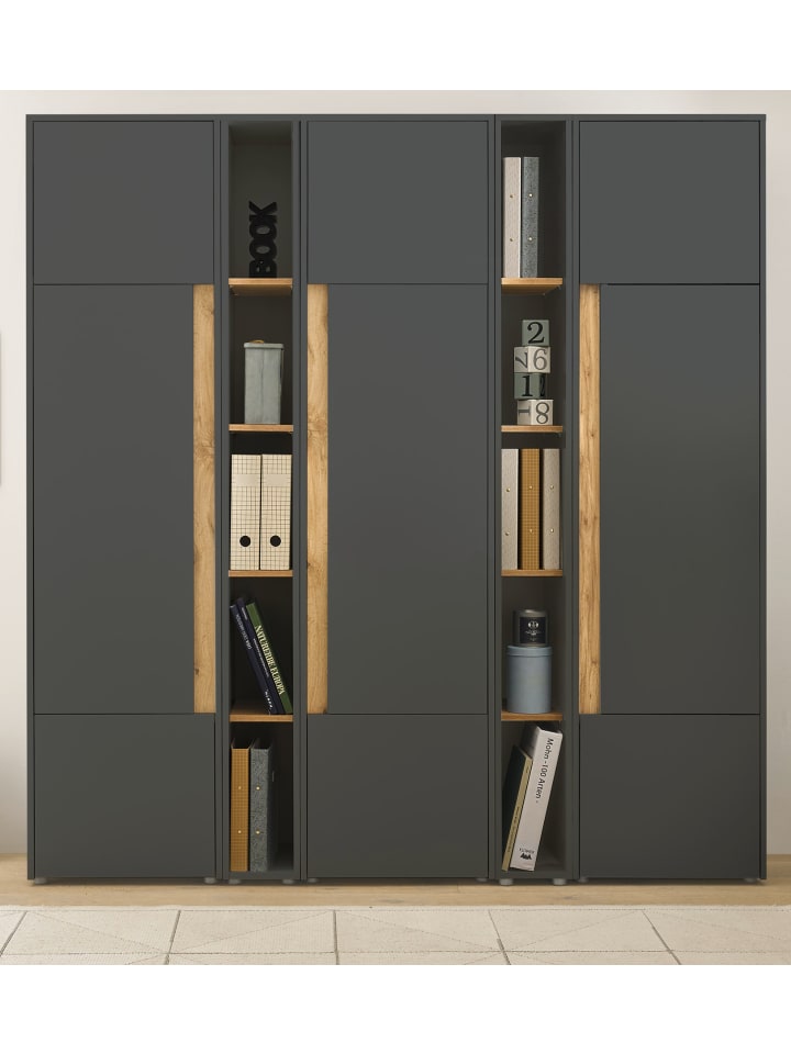 Aktenschrank Set 5-teilig grau matt, Eiche 190 cm, Kombination mit 25 Fächern