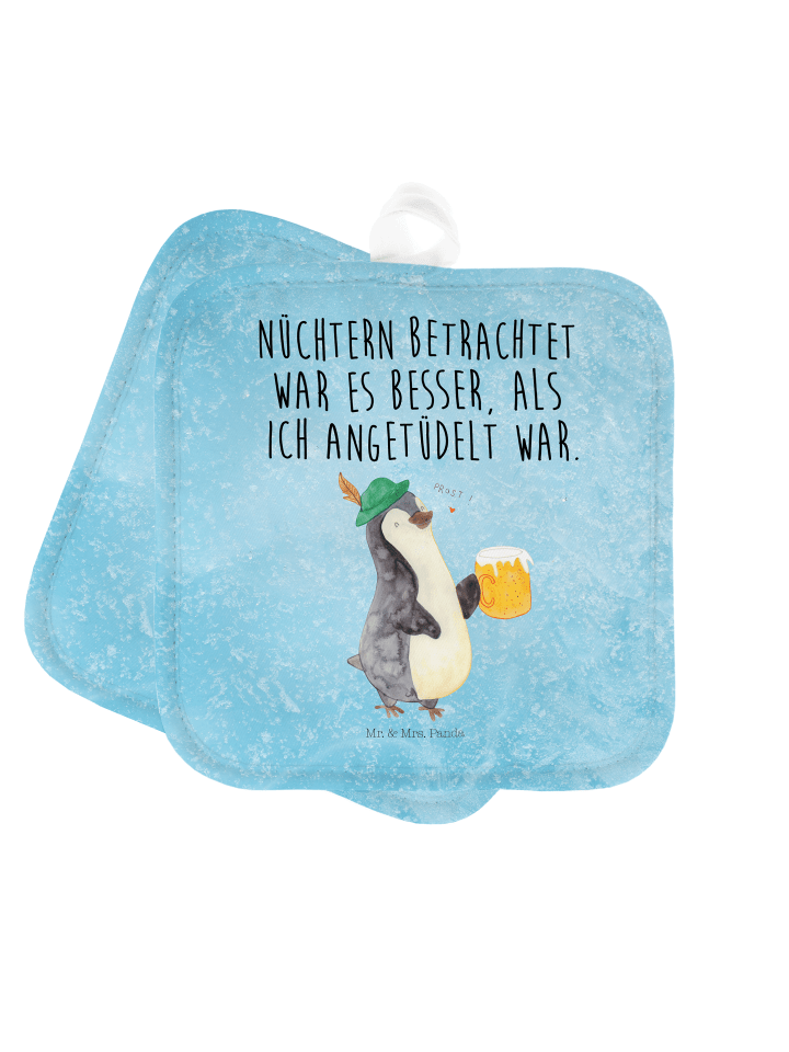Topflappen Pinguin Bier mit Spruch in Eisblau