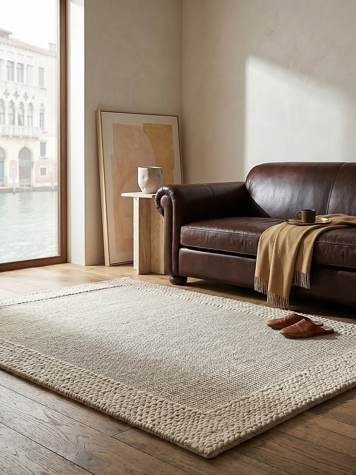 Wollteppich Kurzflor CALDER Handgewebt Naturfaser Wohnzimmer in Beige