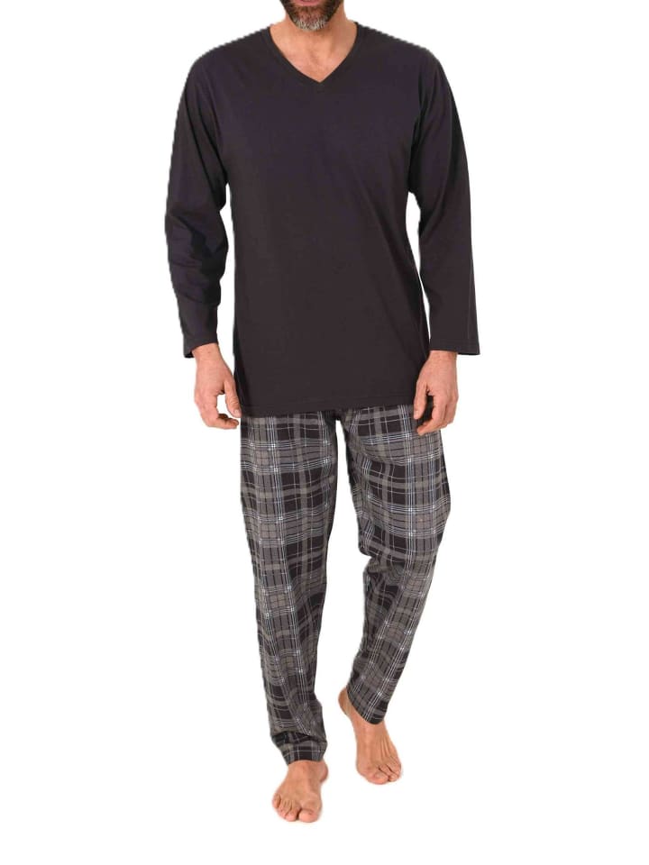 Schlafanzug langarm Pyjama mit karierter Jersey Hose in anthrazit