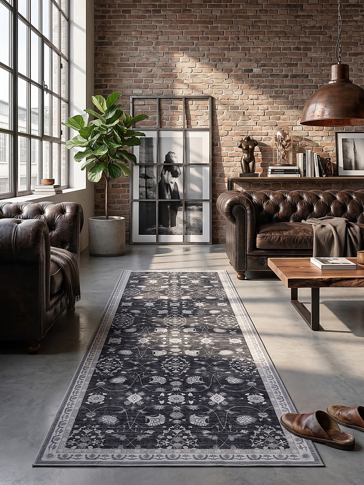 Kurzflor-Teppich waschbar VERNANTE Palmetten Flur in Schwarz-Creme-Grau